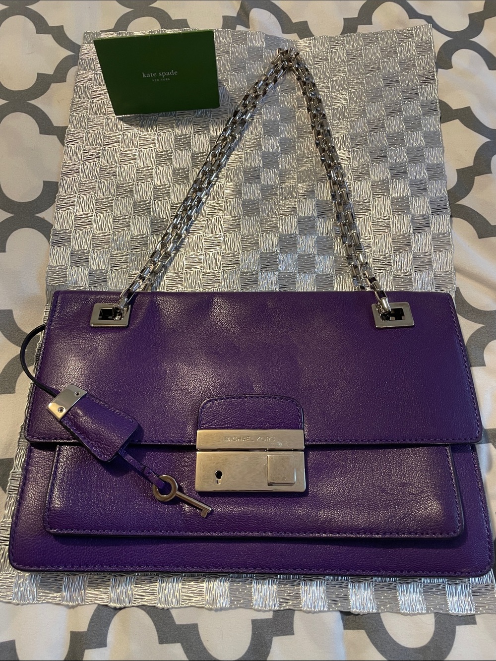 HTF Michael Kors Gorgeous Purple Leather Bag w/Silver Chain & Key Lock .. EUC